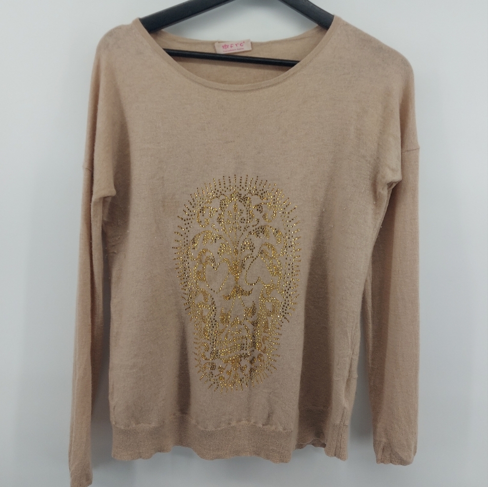 Fair Trade CASHMERE Cashmere Sweater Tan with Rhinestone designs Size XS